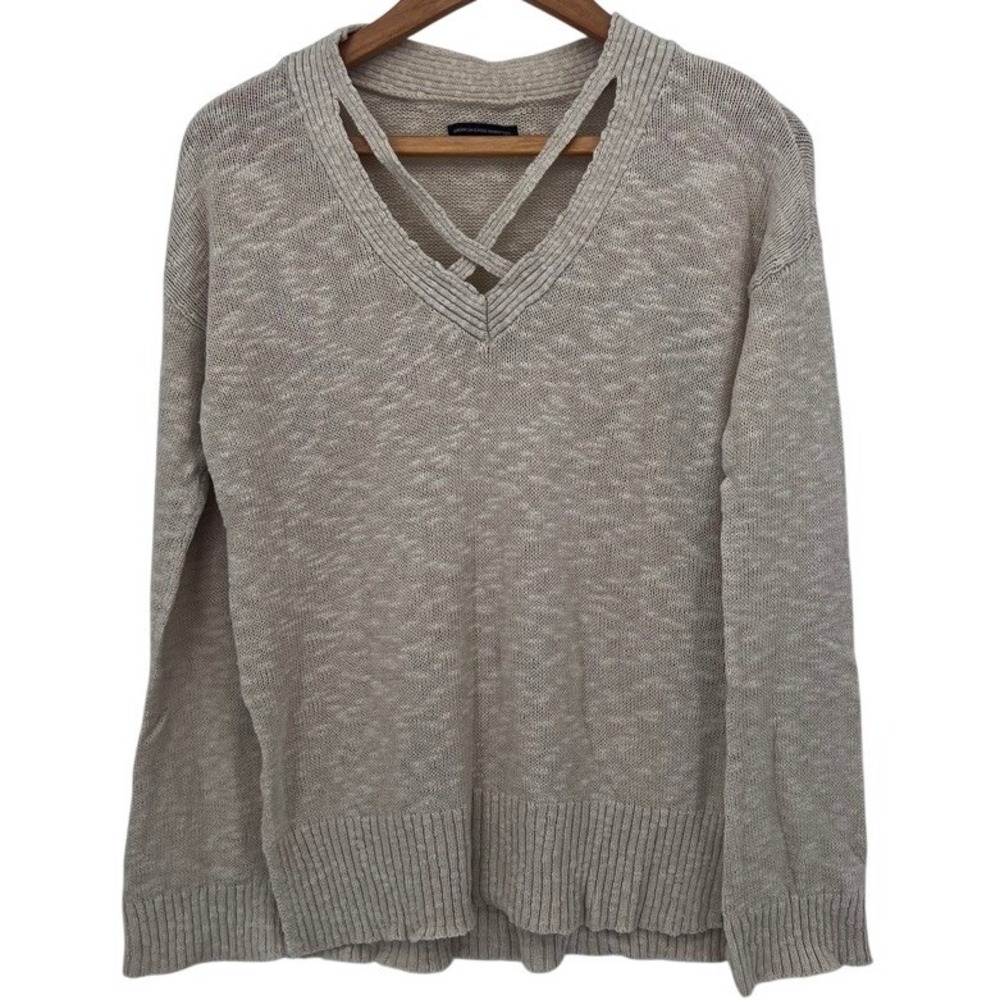 American Eagle Outfitters Sweater Knit Side Slit Criss Cross Neck Neutral‎ Sz S